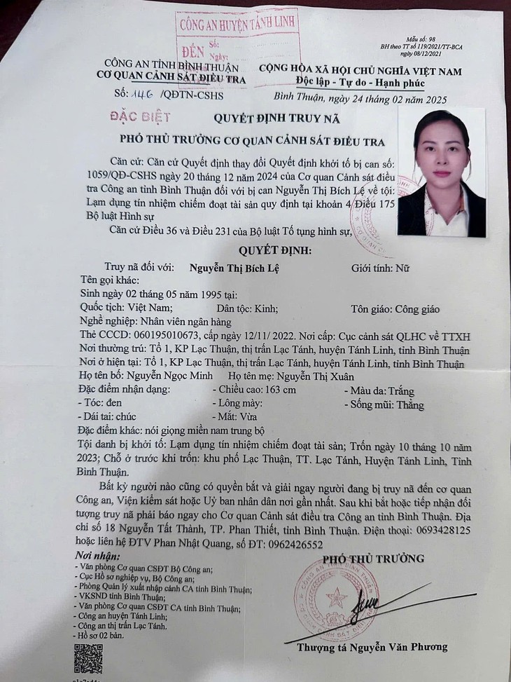 Truy nã đặc biệt nữ nhân viên ngân hàng 30 tuổi chiếm đoạt hơn 11 tỉ đồng- Ảnh 1. Truy nã đặc biệt nữ nhân viên ngân hàng 30 tuổi chiếm đoạt hơn 11 tỉ đồng- Ảnh 1.