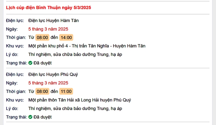 Lịch cúp điện hôm nay Thứ 4 ngày 5/3/2025 tại Bình Thuận- Ảnh 1. Lịch cúp điện hôm nay Thứ 4 ngày 5/3/2025 tại Bình Thuận- Ảnh 1.