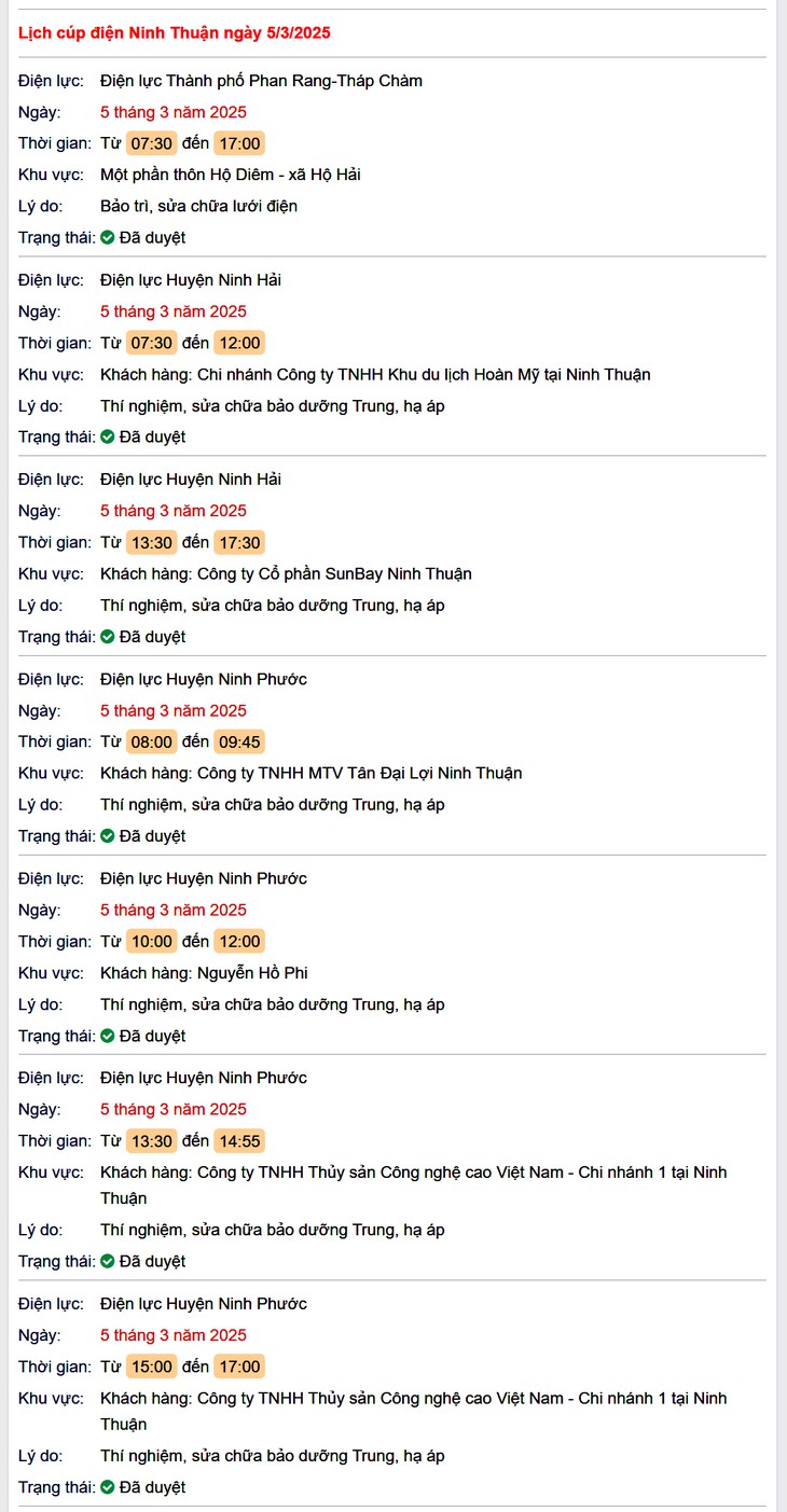 Lịch cúp điện hôm nay Thứ 4 ngày 5/3/2025 tại Ninh Thuận- Ảnh 1.