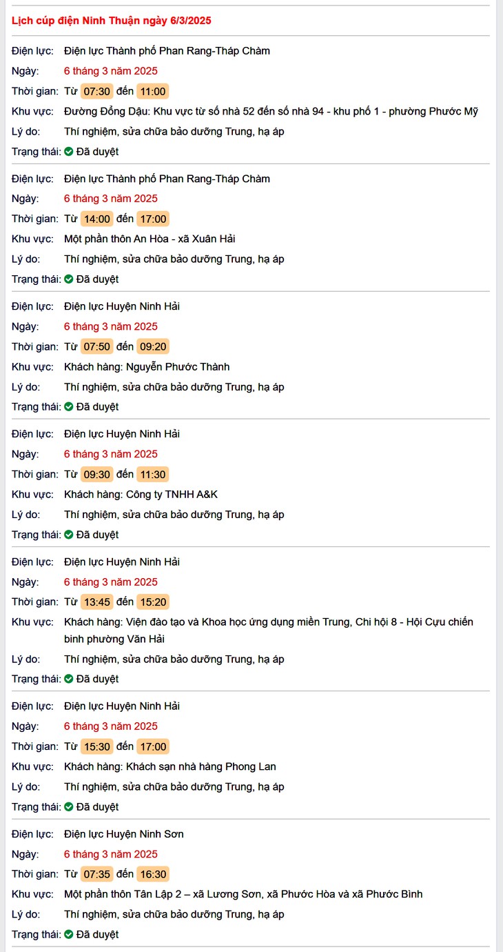 Lịch cúp điện hôm nay Thứ 5 ngày 6/3/2025 tại Ninh Thuận- Ảnh 1.