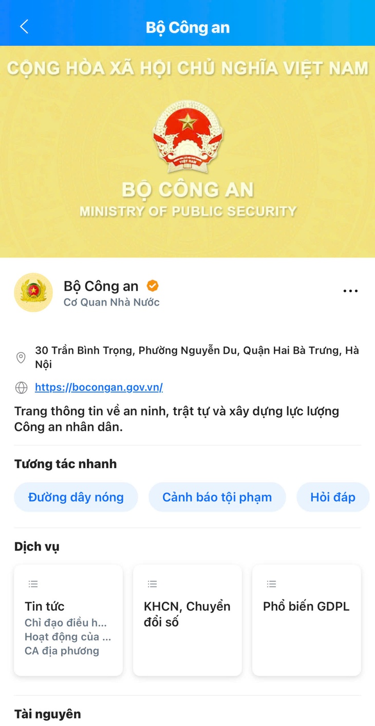 Bộ Công an triển khai trang thông tin trên nền tảng Zalo- Ảnh 1. Bộ Công an triển khai trang thông tin trên nền tảng Zalo- Ảnh 1.