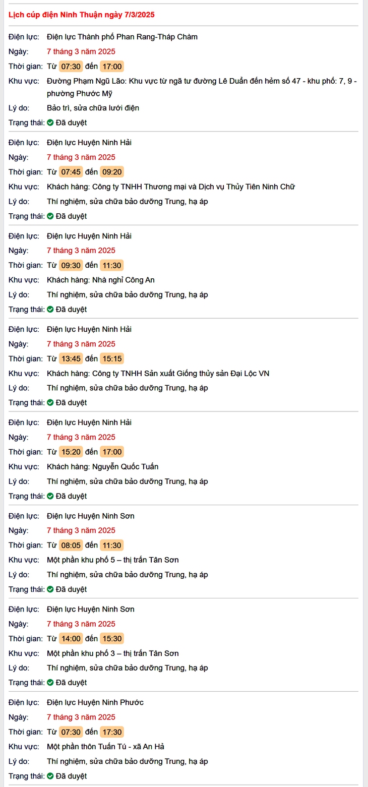 Lịch cúp điện hôm nay Thứ 6 ngày 7/3/2025 tại Ninh Thuận- Ảnh 1.