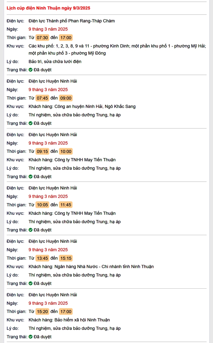 Lịch cúp điện hôm nay Chủ Nhật ngày 9/3/2025 tại Ninh Thuận- Ảnh 1.