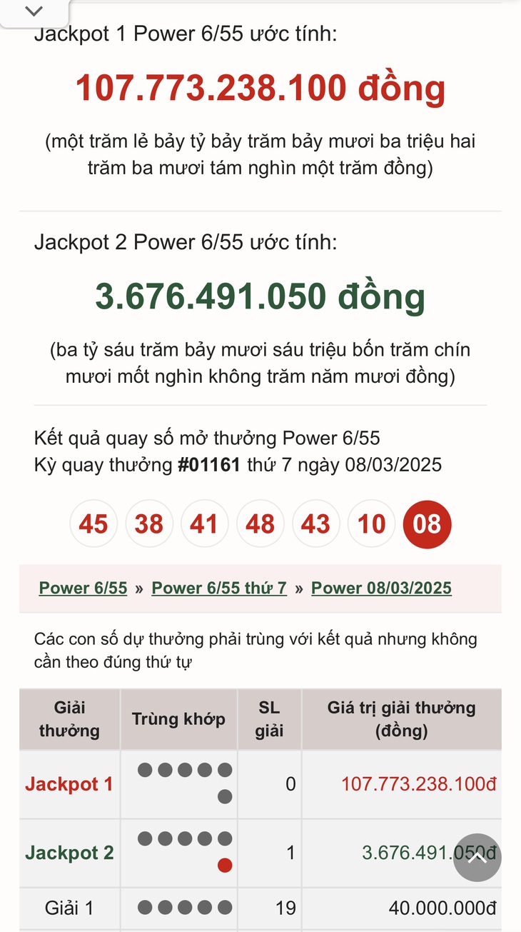Vietlott 8/3 - Kết quả xổ số Vietlott hôm nay 8/3/2025 - Xổ số Power 6/55 ngày 8/3- Ảnh 1. Vietlott 8/3 - Kết quả xổ số Vietlott hôm nay 8/3/2025 - Xổ số Power 6/55 ngày 8/3- Ảnh 1.