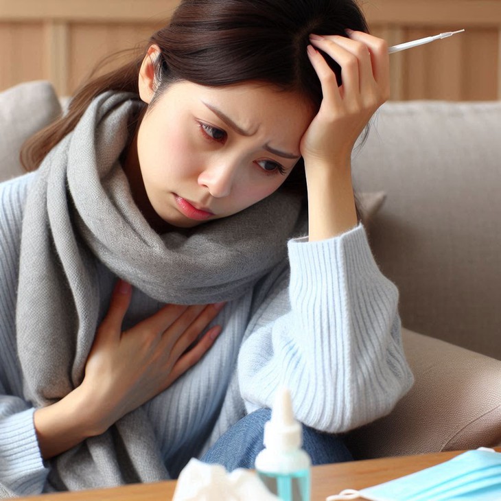 Một người phụ nữ châu Á đang nghỉ ngơi trong khi bị cảm cúm