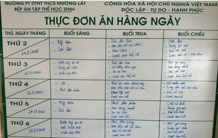 Trường PTDTNT THCS Mường Lát công khai thực đơn nấu ăn hằng ngày cho học sinh.