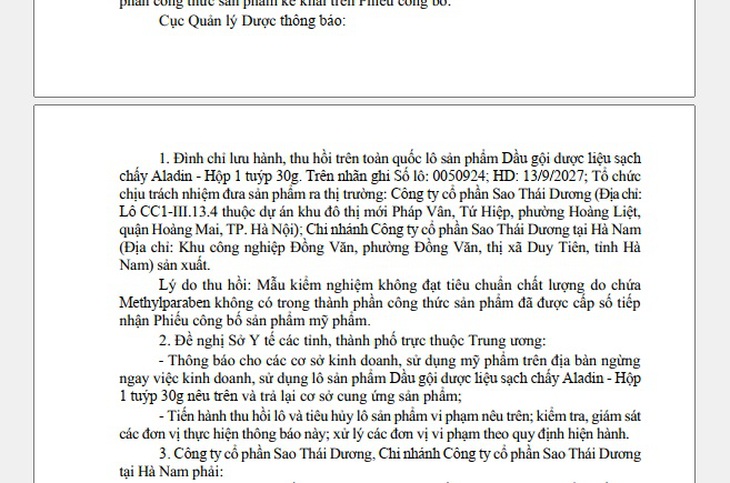 Thu hồi sản phẩm của Sao Thái Dương do chứa chất không trong hồ sơ công bố- Ảnh 2.