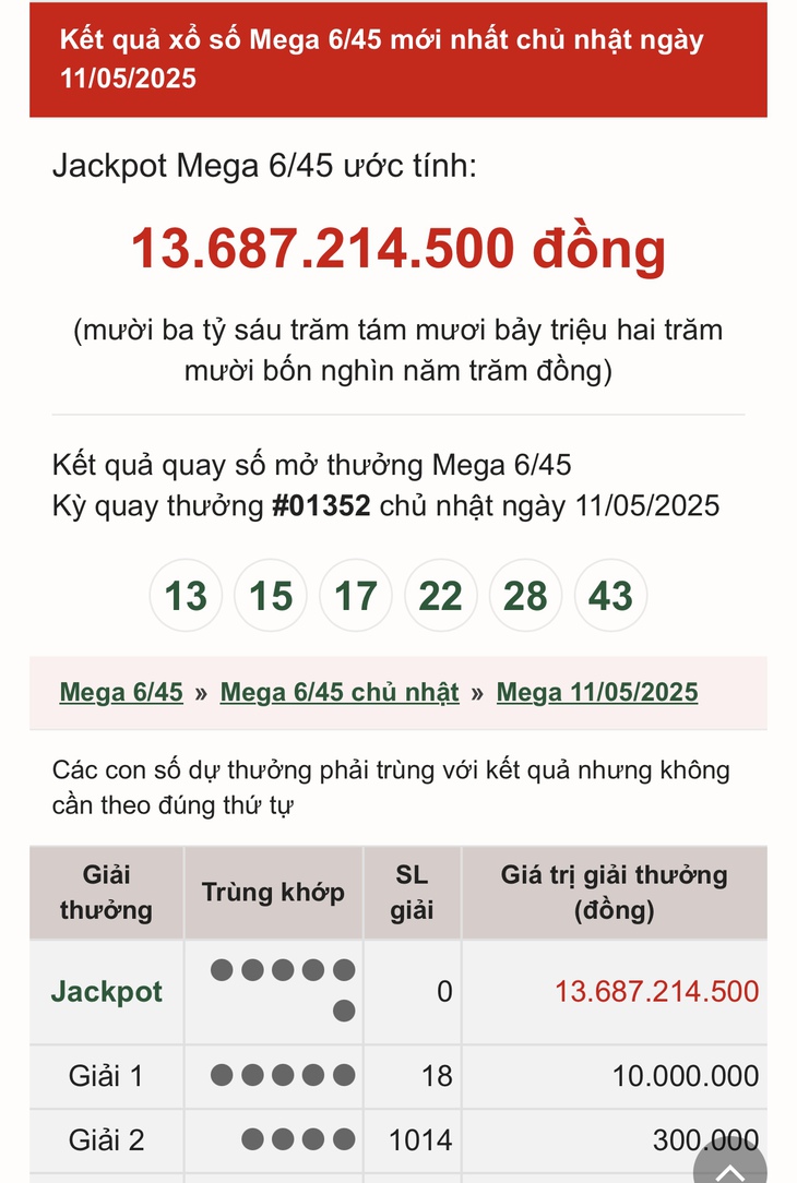 Kết quả xổ số Vietlott hôm nay 11/5/2025 - Vietlott 11/5 - Xổ số Mega 6/45 ngày 11/5- Ảnh 1.