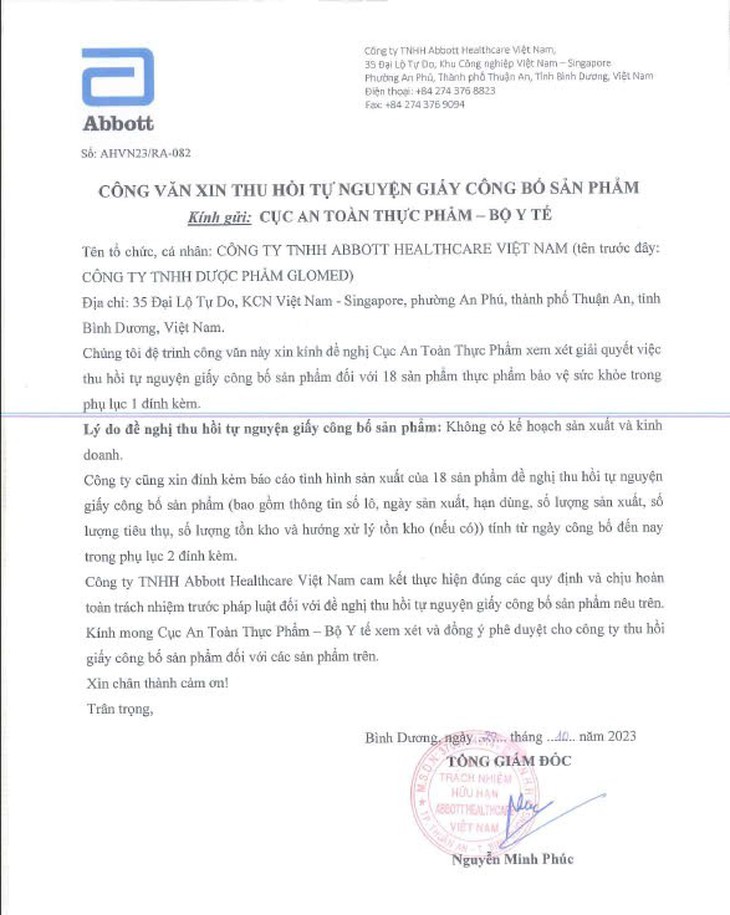 Lý do Abbott Healthcare Việt Nam chủ động thu hồi công bố sản phẩm- Ảnh 1. Lý do Abbott Healthcare Việt Nam chủ động thu hồi công bố sản phẩm- Ảnh 1.