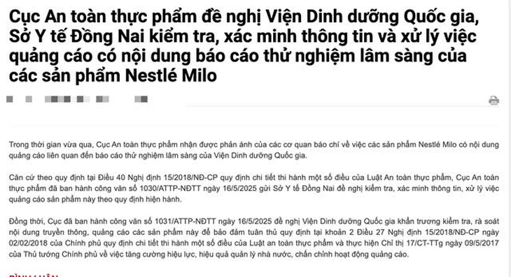 Bộ Y tế yêu cầu kiểm tra, xác minh thông tin quảng cáo Nestlé Milo gắn tên Viện Dinh dưỡng Quốc gia- Ảnh 1.