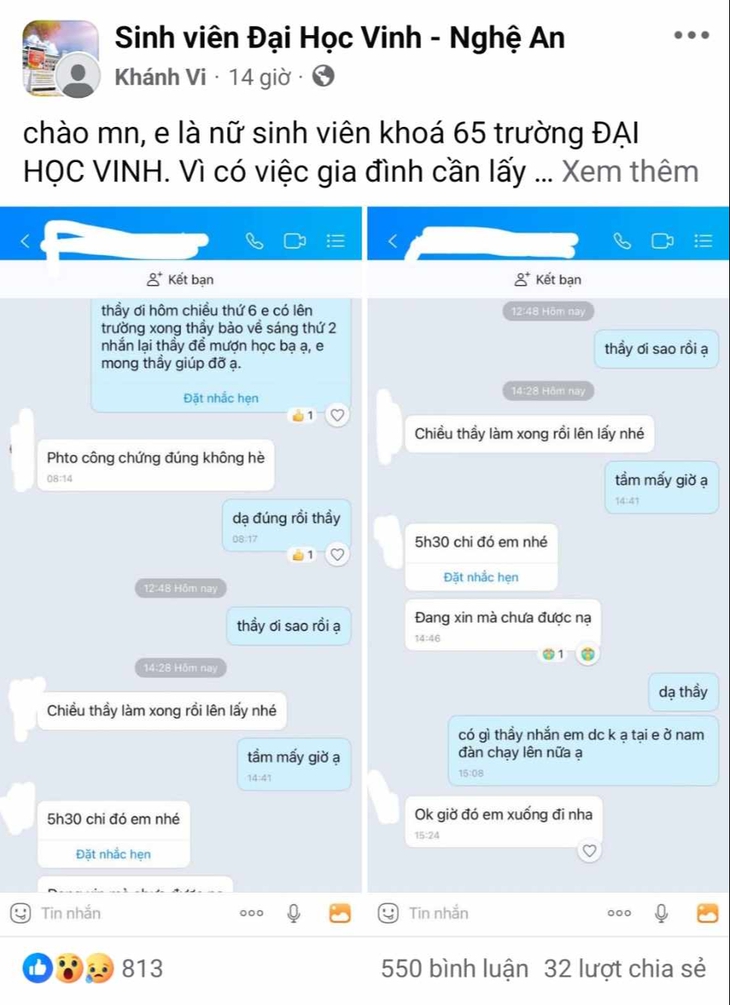Xác minh thông tin nữ sinh tố cán bộ trường Đại học Vinh 'sàm sỡ'- Ảnh 1.