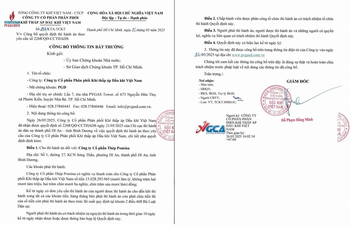 PVGasd công bố thông tin bất thường liên quan thi hành án- Ảnh 2.