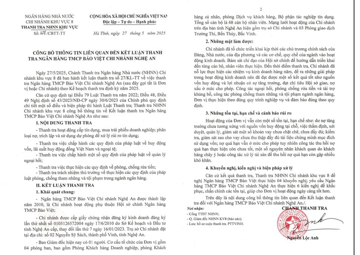 Thanh tra NHNN cảnh báo rủi ro tại Ngân hàng TMCP Bảo Việt Chi nhánh Nghệ An- Ảnh 2.