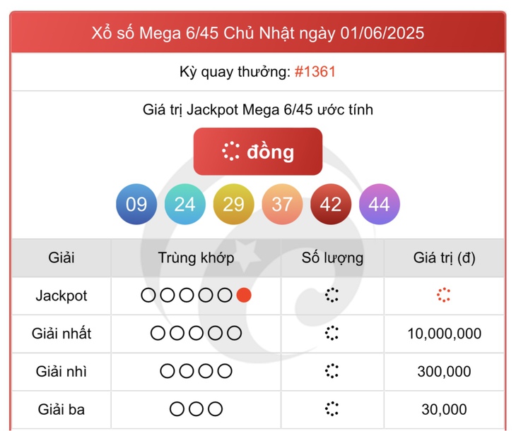 Kết quả xổ số Vietlott hôm nay 1/6/2025 - Vietlott 1/6 - Xổ số Mega 6/45 ngày 1/6- Ảnh 1. Kết quả xổ số Vietlott hôm nay 1/6/2025 - Vietlott 1/6 - Xổ số Mega 6/45 ngày 1/6- Ảnh 1.
