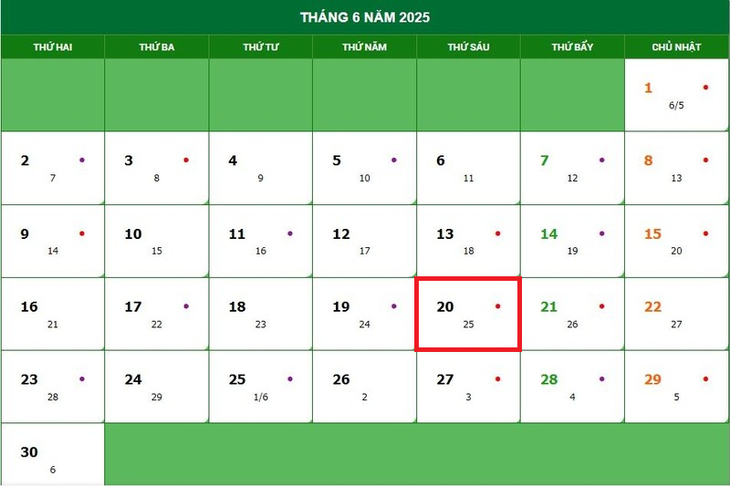 Lịch âm 20/6 - Âm lịch hôm nay 20/6 - Lịch vạn niên ngày 20/6/2025- Ảnh 1.