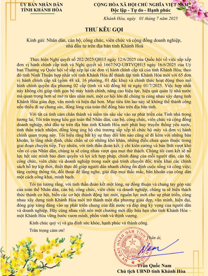 Chủ tịch tỉnh Khánh Hòa gửi thư kêu gọi người dân địa phương 'chung sức đồng lòng'- Ảnh 1. Chủ tịch tỉnh Khánh Hòa gửi thư kêu gọi người dân địa phương 'chung sức đồng lòng'- Ảnh 1.