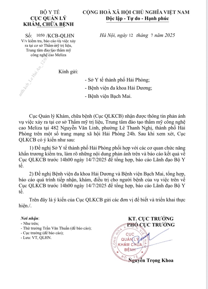 Bộ Y tế vào cuộc vụ 'một người phụ nữ nguy kịch sau khi làm thủ thuật thẩm mỹ tư nhân' ở Hải Phòng- Ảnh 1. Bộ Y tế vào cuộc vụ 'một người phụ nữ nguy kịch sau khi làm thủ thuật thẩm mỹ tư nhân' ở Hải Phòng- Ảnh 1.