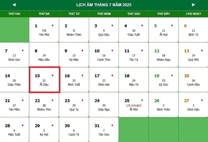 Lịch âm 15/7 - Âm lịch hôm nay 15/7 - Lịch vạn niên ngày 15/7/2025- Ảnh 1.