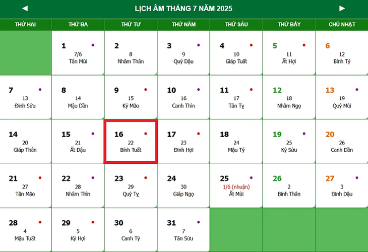 Lịch âm 16/7 - Âm lịch hôm nay 16/7 - Lịch vạn niên ngày 16/7/2025- Ảnh 1.