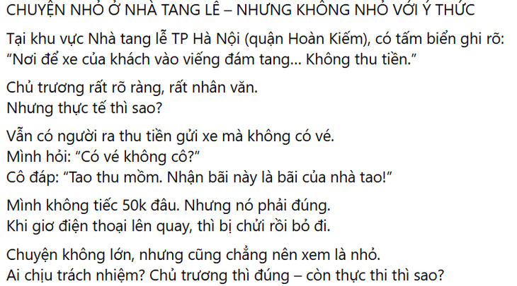 Khu để xe miễn phí Nhà tang lễ Hà Nội vẫn bị thu tiền: 'Thu mồm, bãi của nhà tao'- Ảnh 2. Khu để xe miễn phí Nhà tang lễ Hà Nội vẫn bị thu tiền: 'Thu mồm, bãi của nhà tao'- Ảnh 2.