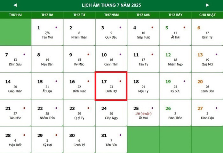 Lịch âm 17/7 - Âm lịch hôm nay 17/7 - Lịch vạn niên ngày 17/7/2025- Ảnh 1.