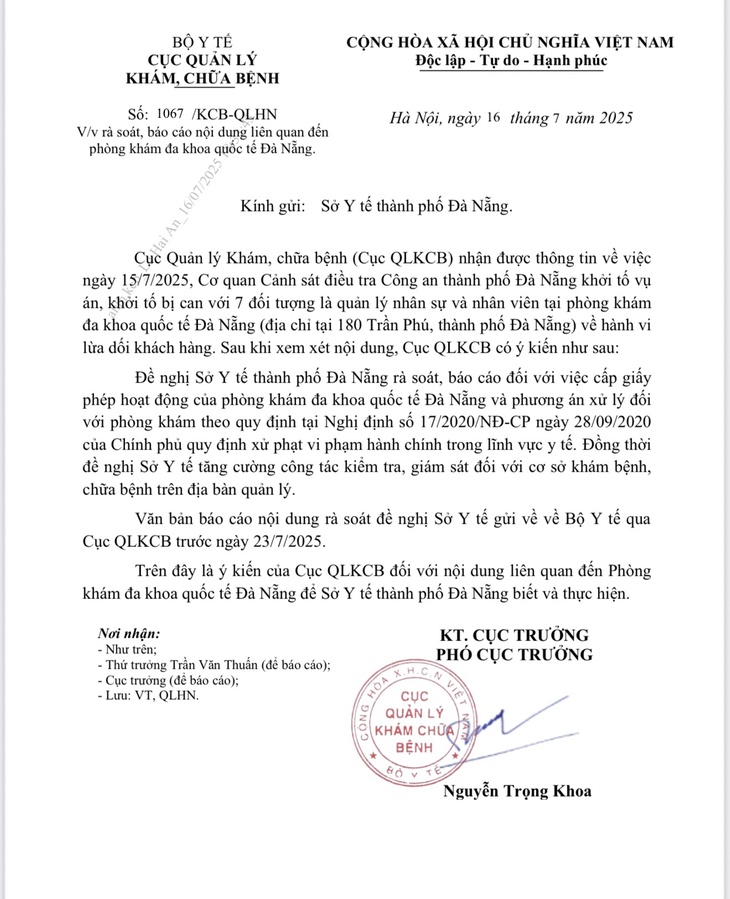 Bộ Y tế vào cuộc vụ 7 đối tượng tại Phòng khám Đa khoa Quốc tế Đà Nẵng bị khởi tố vì 'lừa dối khách hàng'- Ảnh 1. Bộ Y tế vào cuộc vụ 7 đối tượng tại Phòng khám Đa khoa Quốc tế Đà Nẵng bị khởi tố vì 'lừa dối khách hàng'- Ảnh 1.
