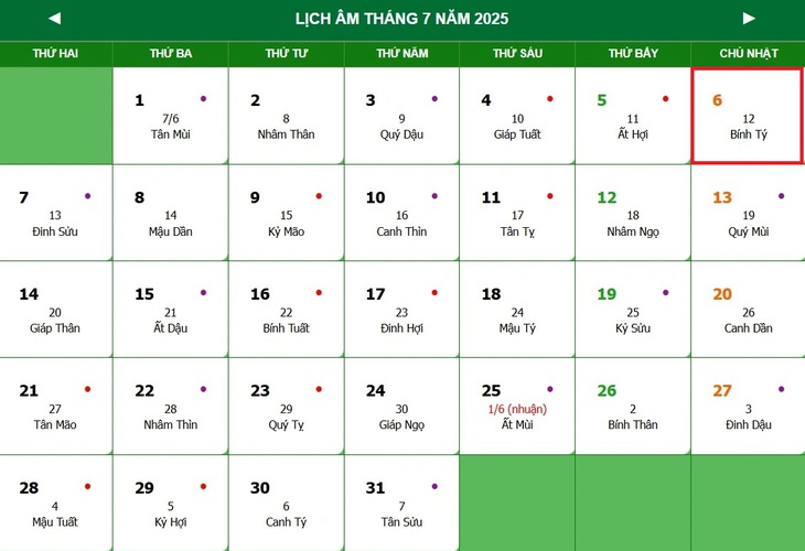 Lịch âm 6/7 - Âm lịch hôm nay 6/7 - Lịch vạn niên ngày 6/7/2025- Ảnh 1.