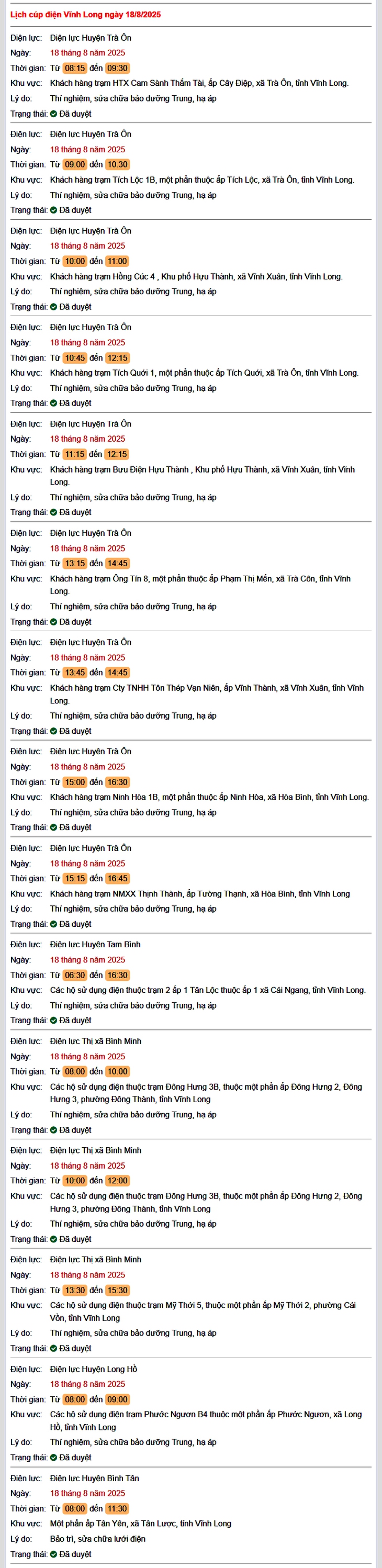 Tra cứu lịch cúp điện hôm nay Thứ 2 ngày 18/8/2025 tại Vĩnh Long- Ảnh 1.