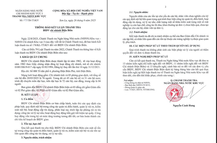 Yêu cầu BIDV Điện Biên báo cáo sau kết luận của Thanh tra Ngân hàng Nhà nước- Ảnh 2.