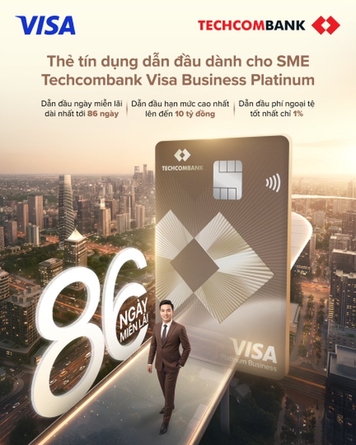 Techcombank ra mắt thẻ tín dụng Techcombank Visa Business Platinum, dẫn đầu đặc quyền tài chính vượt trội cho doanh nghiệp: miễn lãi tối đa tới 86 ngày, hạn mức lên đến 10 tỷ đồng- Ảnh 1. Techcombank ra mắt thẻ tín dụng Techcombank Visa Business Platinum, dẫn đầu đặc quyền tài chính vượt trội cho doanh nghiệp: miễn lãi tối đa tới 86 ngày, hạn mức lên đến 10 tỷ đồng- Ảnh 1.