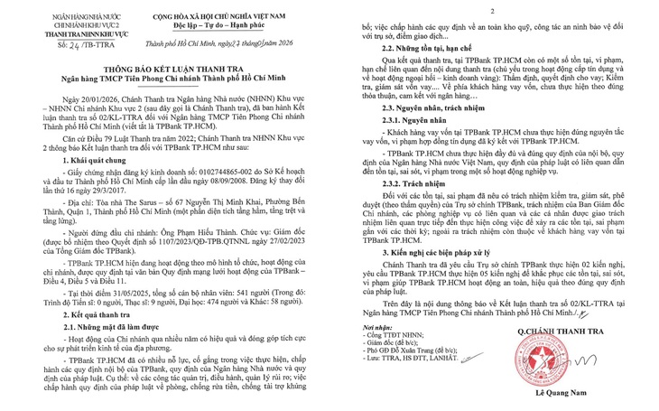 Thanh tra kết luận vi phạm tại TPBank TPHCM- Ảnh 2.