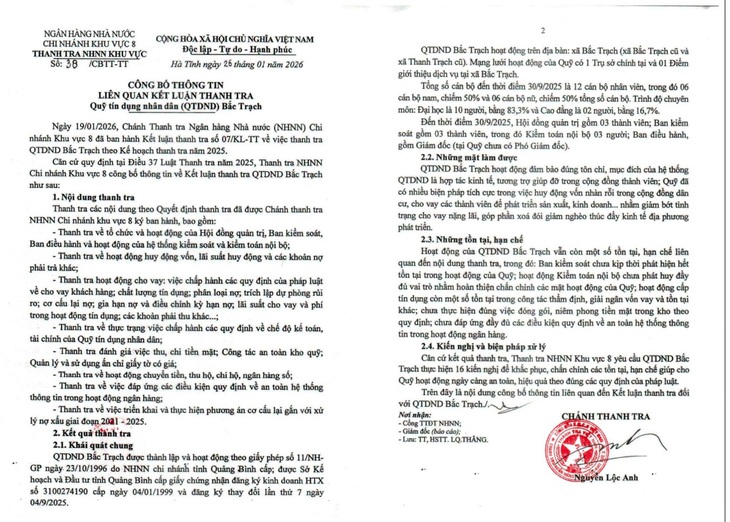 Kết luận thanh tra Quỹ Tín dụng Nhân dân Bắc Trạch- Ảnh 1.