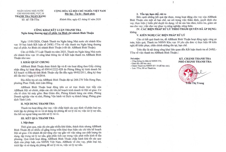 Kết luận thanh tra ABBank Bình Thuận- Ảnh 2.