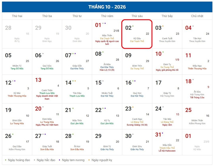 Âm lịch hôm nay 2/10 - Lịch âm 2/10 - Lịch vạn niên ngày 2/10/2026 - Ảnh 1.