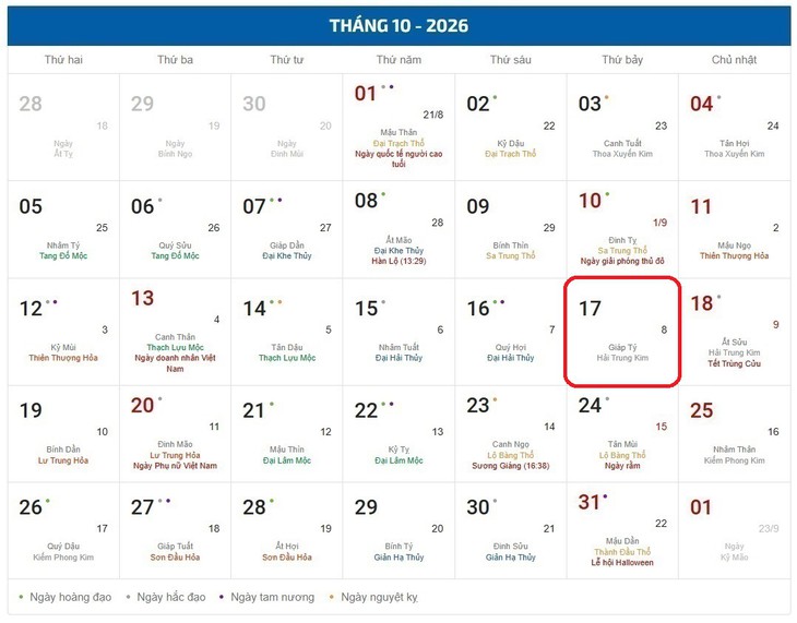 Âm lịch hôm nay 17/10 - Lịch âm 17/10 - Lịch vạn niên ngày 17/10/2026- Ảnh 1.