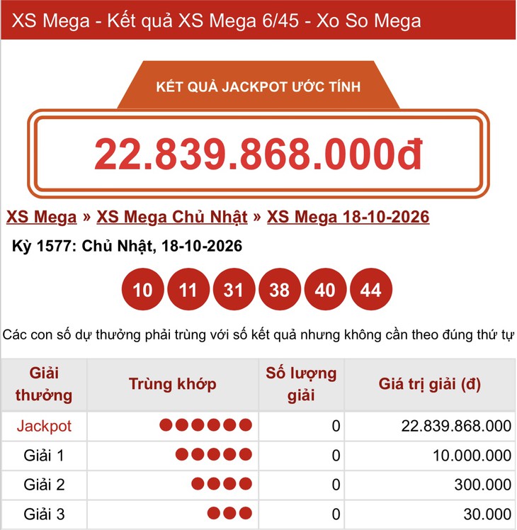 Kết quả xổ số Vietlott hôm nay 18/10 - Vietlott 18/10 - Xổ số Mega 6/45 ngày 18/10 - Ảnh 1.
