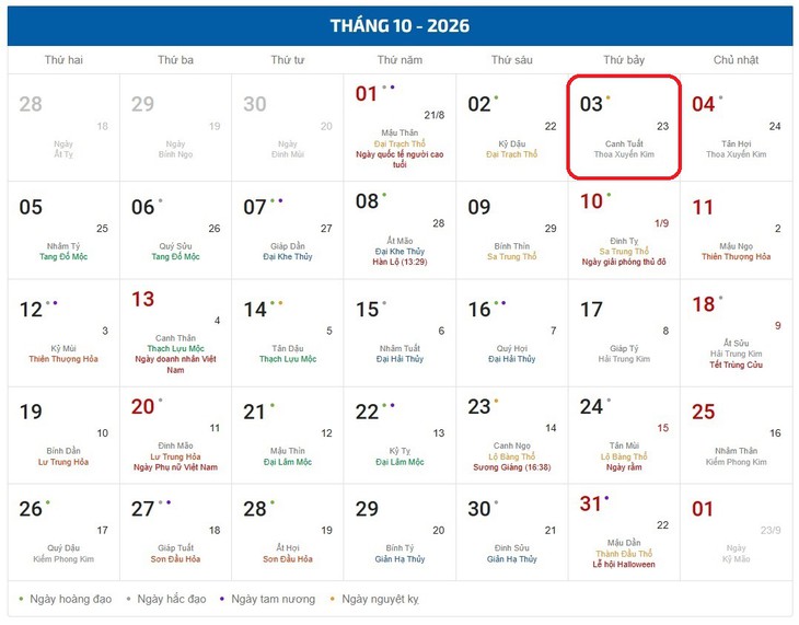 Âm lịch hôm nay 3/10 - Lịch âm 3/10 - Lịch vạn niên ngày 3/10/2026 - Ảnh 1.
