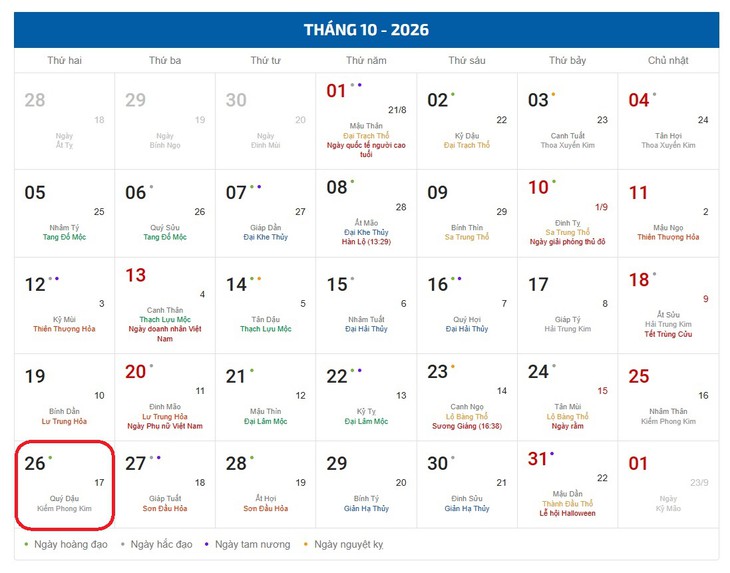 Âm lịch hôm nay 26/10 - Lịch âm 26/10 - Lịch vạn niên ngày 26/10/2026 - Ảnh 1.