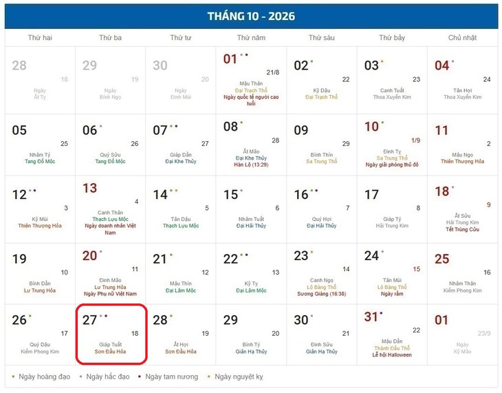 Âm lịch hôm nay 27/10 - Lịch âm 27/10 - Lịch vạn niên ngày 27/10/2026 - Ảnh 1.