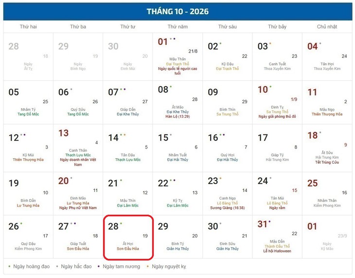 Âm lịch hôm nay 28/10 - Lịch âm 28/10 - Lịch vạn niên ngày 28/10/2026 - Ảnh 1.