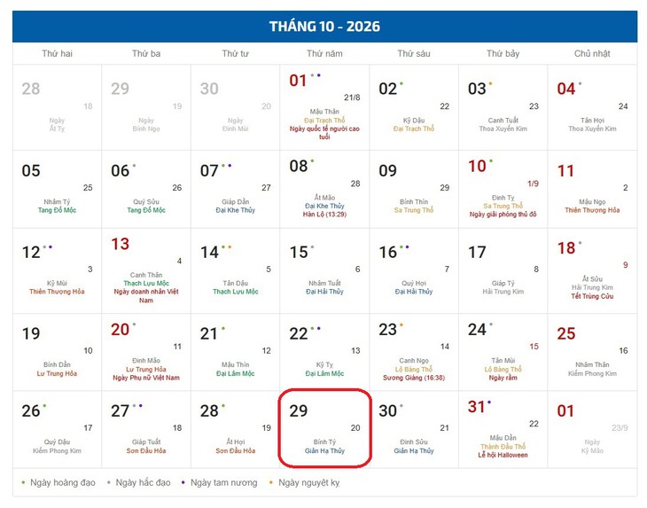 Âm lịch hôm nay 29/10 - Lịch âm 29/10 - Lịch vạn niên ngày 29/10/2026 - Ảnh 1.