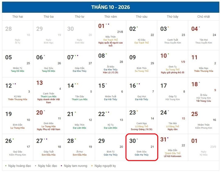 Âm lịch hôm nay 30/10 - Lịch âm 30/10 - Lịch vạn niên ngày 30/10/2026 - Ảnh 1.