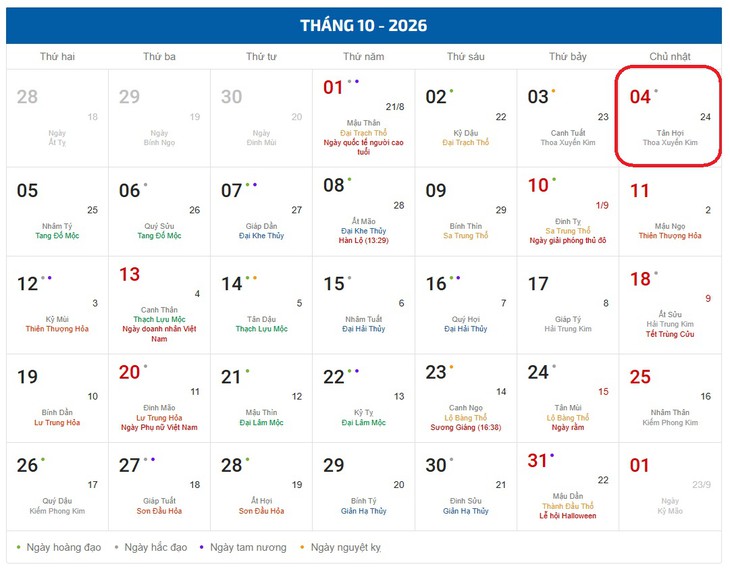 Âm lịch hôm nay 4/10 - Lịch âm 4/10 - Lịch vạn niên ngày 4/10/2026- Ảnh 1.