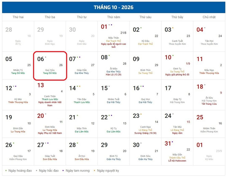 Âm lịch hôm nay 6/10 - Lịch âm 6/10 - Lịch vạn niên ngày 6/10/2026 - Ảnh 1.