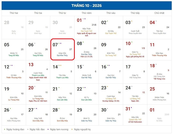 Âm lịch hôm nay 7/10 - Lịch âm 7/10 - Lịch vạn niên ngày 7/10/2026- Ảnh 1.
