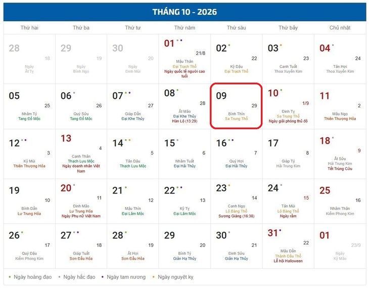 Âm lịch hôm nay 9/10 - Lịch âm 9/10 - Lịch vạn niên ngày 9/10/2026 - Ảnh 1.