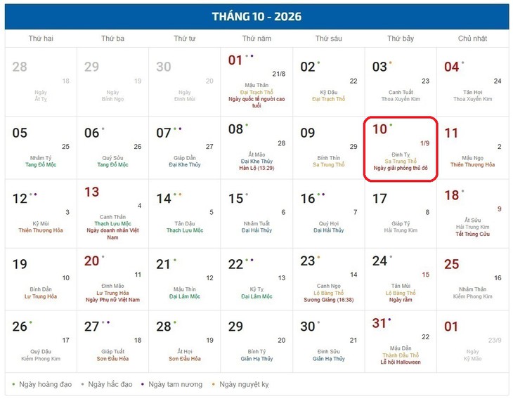 Âm lịch hôm nay 10/10 - Lịch âm 10/10 - Lịch vạn niên ngày 10/10/2026- Ảnh 1.