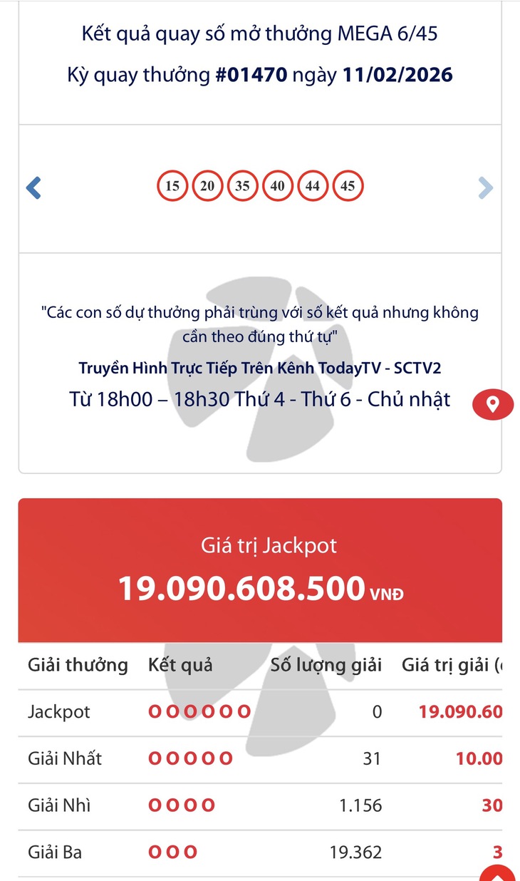 Kết quả xổ số Vietlott hôm nay 23/2/2026 - Vietlott 23/2 - Xổ số Power 6/55 và Mega 6/45 ngày 23/2- Ảnh 14. Kết quả xổ số Vietlott hôm nay 23/2/2026 - Vietlott 23/2 - Xổ số Power 6/55 và Mega 6/45 ngày 23/2- Ảnh 14.