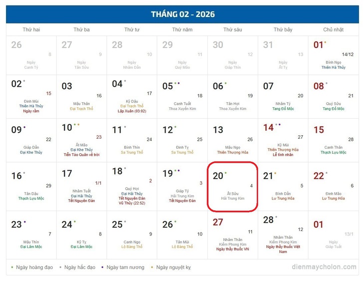 Lịch âm 20/2 - Âm lịch hôm nay 20/2 - Lịch vạn niên ngày 20/2/2026- Ảnh 1. Lịch âm 20/2 - Âm lịch hôm nay 20/2 - Lịch vạn niên ngày 20/2/2026- Ảnh 1.