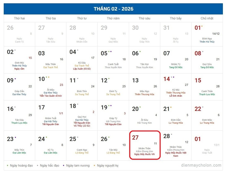 Lịch âm 27/2 - Âm lịch hôm nay 27/2 - Lịch vạn niên ngày 27/2/2026- Ảnh 1.